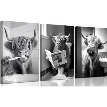 Imagem de 3 peças de arte de parede em tela de banheiro de vaca Highland engraçada preto e branco linda vaca animal pintura de imagem decoração de parede rústica fazenda vaca no vaso sanitário impressão de