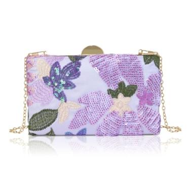 Imagem de Bolsa clutch bordada de lantejoulas para mulheres, elegante bolsa de noite com contas florais, bolsa de convidada de casamento, bolsa de ombro de festa brilhante, Roxa