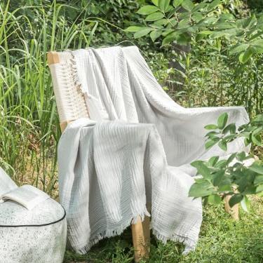 Imagem de MooMee Cobertor de musselina - Cobertor de gaze de 4 camadas 100% algodão com franjas em toda a volta, ultramacio respirável leve refrescante decorativo para cama, sofá e sofá (cinza claro, 152 cm x