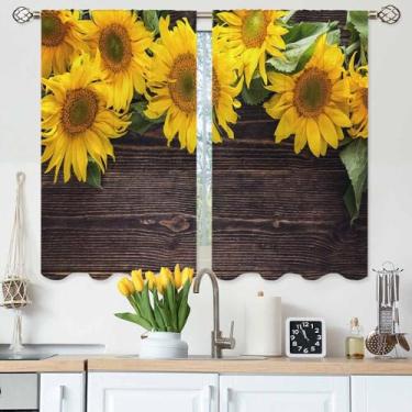 Imagem de Gpiaoyfo Cortinas de cozinha girassóis flores amarelas folhas verdes plantas rústicas de madeira escura cortinas de camada curta para banheiro café cortinas de janela pequenas tratamento 2 painéis