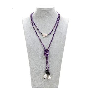 Imagem de Acessórios de moda joias facetadas ametistas roxas brancas Keshi pérola preta colar longo 129,5 cm para mulheres