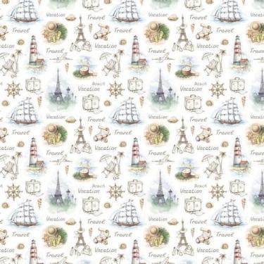 Imagem de Papel Parede Caravelas Avião Mala Farol Viagem Torre Eiffel - LRP