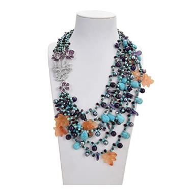 Imagem de Joias 50,8 cm, 6 fios, pérola, granada, ágata, ametista e pedras preciosas, colar com pingente