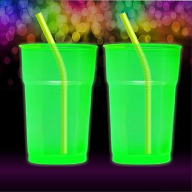 Imagem de Kit 100 Copos Neon 300ml com Canudos Mexedores Premium – Copos Coloridos para Festa Aniversário e Drinks (Verde)