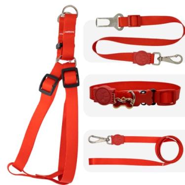 Imagem de Kit Coleira, Peitoral e Cinto de Segurança para Cachorro | Fita de Seda Néon Ajustável, Super Resistente e Confortável | Guia com Trava de Segurança para Passeios e Viagens(Vermelho,M)