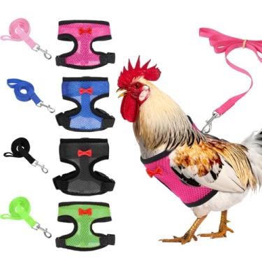 Imagem de Conjunto de 4 peças de coleiras e arreios de galinha ajustáveis, arnês de frango de ajuste duplo, confortável, colete de galinhas de nylon com coleira de 1,1 m para galinhas, patos, gansos, animais de