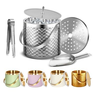 Imagem de Balde de gelo, balde de gelo com anel de vedação de silicone, parede dupla, isolamento a vácuo, baldes de champanhe com camada de filtro, pinça de gelo colher de gelo (prata escalonada, 3 L)