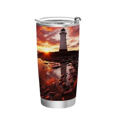 Imagem de Blueangle Copo de 590 ml com tampa e canudo, copo de café com água isolada a vácuo de aço inoxidável, caneca de viagem do farol do pôr do sol copo térmico para bebidas quentes e frias (443)