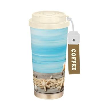 Imagem de SEHANY Caneca de viagem Summer Sea Beach Starfish 482 g Copos de café reutilizáveis revestidos de cerâmica com tampa à prova de vazamento, parede dupla, isolamento a vácuo, copo de café de aço