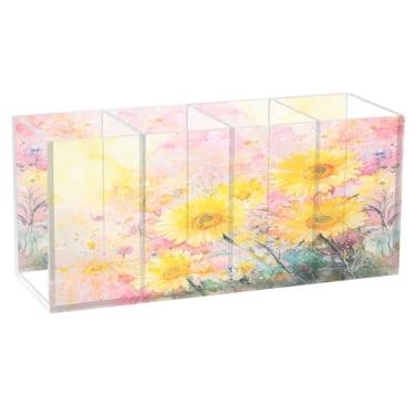 Imagem de SEHANY Porta-canetas de acrílico com flores silvestres coloridas, 4 compartimentos, porta-lápis transparente, organizador de pincéis de maquiagem, organizador de papelaria para escritório, casa