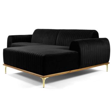 Imagem de Sofá 230cm 4 Lugares Com Chaise Direito Pés Gold Molino C-300 Veludo Preto - Domi