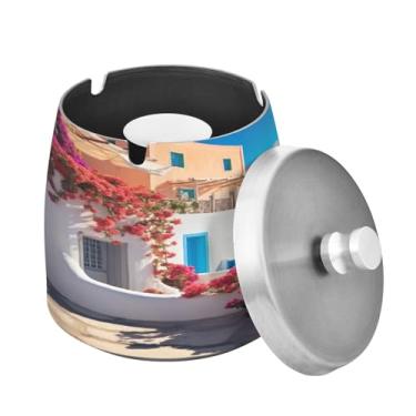 Imagem de Blueangle Cinzeiro romântico Villagecore com tampa para cigarros, à prova de vento/chuva, aço inoxidável, sem fumaça, inodoro, cinzeiro para uso interno ou externo (197)