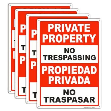 Imagem de Brimar Sinais de propriedade privada sem invasão, inglês e espanhol bilíngue, 25,4 x 35,5 cm (pacote com 4) Metal de alumínio pesado livre de ferrugem de 101,6 cm, impressão de tinta UV, à prova de