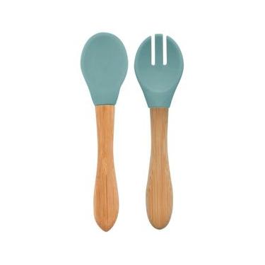 Imagem de Colher e Garfo Silicone e Bambu Dig In Aqua Green - Minikoioi