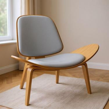 Imagem de Poltrona Decorativa Base De Madeira Shell Sintético P01 - D'rossi Cor Cinza