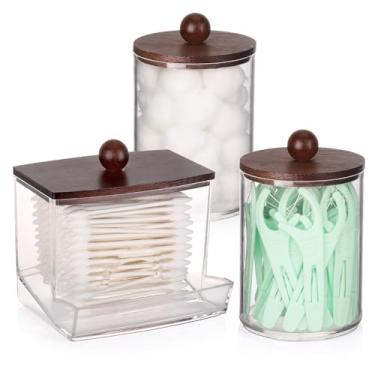 Imagem de Tbestmax Dispensador de suporte Qtips, 10 recipientes de armazenamento de bolas/cotonetes de algodão, frascos de boticário para organizadores de banheiro, tampas de bambu