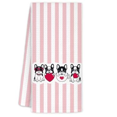 Imagem de YTRGI Buldogue francês presentes de dia dos namorados para ela, crianças, buldogue francês, decoração de dia dos namorados, toalha de mão para cozinha, banheiro, toalhas de cozinha rosa engraçadas