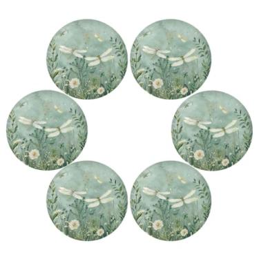Imagem de Wassud Jogo americano conjunto de 6 tapetes redondos de libélula verde para cozinha e jantar tapetes laváveis resistentes ao calor para decoração de mesa 39 cm