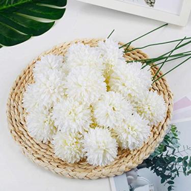 Imagem de LMJYU Flores Kiku falsas brancas de 25 peças: buquês de bola de crisântemo artificiais elegantes com flores e hastes de seda de hortênsia - Perfeito para casamentos, decoração de casa, damas de honra