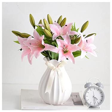 Imagem de Flores artificiais interiores flores artificiais lírio flor falsa sala de estar arranjo de flores mesa de jantar casa (garrafa rosa branca)