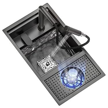 Imagem de PVXMQFFA Pia de cozinha de aço inoxidável bancada de cozinha oculta nano pia pia única pia única com tampa lavadora de copo de alta pressão torneira de elevação (cor: preto, tamanho: 60 x 40 cm)