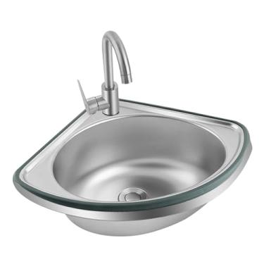 Imagem de PVXMQFFA Pia de canto de aço inoxidável montada na parede Pia de cozinha moderna com filtro, pia pequena de tigela única, pia de lavagem à mão para barco, caravana, cozinha, trailer, banheiro (prata)