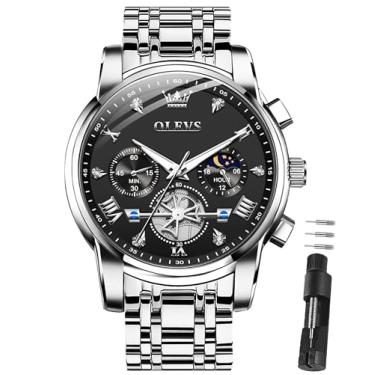 Imagem de OLEVS Relógios masculinos de luxo de aço inoxidável, relógio social fácil de ler, mostrador grande, cronógrafo, casual, analógico, números romanos, reloj para hombre, Pulseira prata face preta - 2856