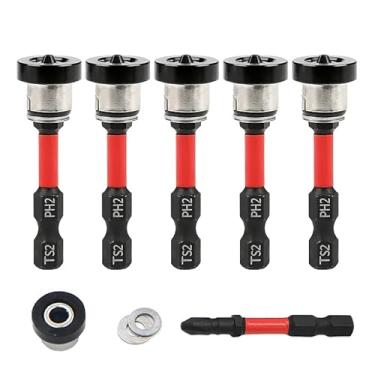 Imagem de 5 peças de brocas magnéticas para drywall TEURSA – Pontas de posicionamento PH2 de profundidade ajustável com colar de alumínio removível, haste sextavada de aço S2 para parafusos Sheetrock e placa