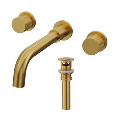 Imagem de Torneira de banheiro de montagem na parede com ralo pop-up, design de 2 alças, taxa de fluxo de 4,5 L/min em ouro escovado
