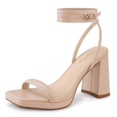 Imagem de CELLENZ Saltos plataforma grossos femininos: salto alto de 9 cm, festa, baile, sandálias quadradas de salto aberto, sapatos de casamento elegantes e sexy com tiras, 12 PU Nude, 41