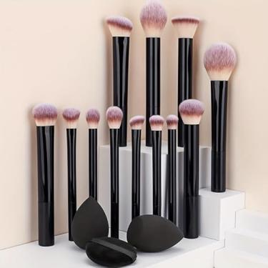 Imagem de Conjunto de 15 pincéis de maquiagem pretos profissionais com liquidificador de beleza e sopro de pó, kit completo de pincéis cosméticos para base em pó, sombra e contorno