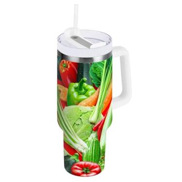 Imagem de ODAWA Garrafa de água isolada de vegetais grandes com alça e tampa de palha, copos com isolamento duplo com tampa 2 em 1