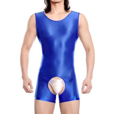 Imagem de SEAUR Body masculino brilhante Unitard sem mangas brilhante roupa íntima cosplay fantasia macacão roupa de boate, Azul, M
