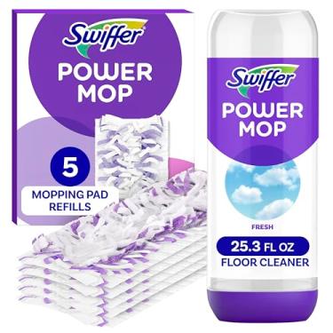 Imagem de Swiffer Pacote de refil de esfregão elétrico, limpador de piso para esfregar, vinil, laminado, madeira em casa, banheiro, cozinha, limpeza multisuperfície multifuncional, 5 almofadas + 1 solução de