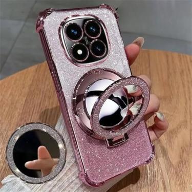 Imagem de Capa protetora macia de silicone à prova de choque com suporte espelhado para Xiaomi Redmi 14C Note 14 Pro Plus 4G 5G, rosa.