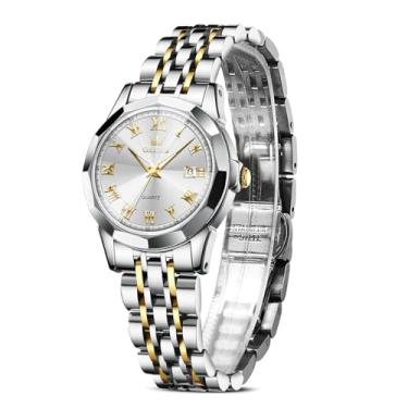 Imagem de OLEVS Relógio feminino de luxo, à prova d'água, prata, analógico, quartzo, aço inoxidável, relógios de pulso casuais para mulheres, rosto pequeno, com data para mulheres, Ouro Prata - L9990, round