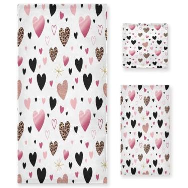 Imagem de Wassud Conjunto de 3 toalhas de banho com padrão de coração dos namorados, toalhas super macias e absorventes para banheiro, toalhas de banho de secagem rápida, toalha de banho para academia, spa