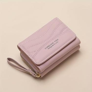 Imagem de Carteira feminina de poliuretano, porta-cartões com zíper em três dobras, carteira pequena bordada, porta-cartões de crédito, bolsas fofas com zíper, carteira curta fina para mulheres e meninas, rosa