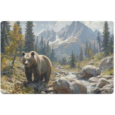 Imagem de TSENQUE Tapete de porta de Halloween personalizado com montanhas de urso pardo, impermeável, decoração de porta da frente, tapetes de entrada laváveis para dentro de casa, 81 x 50 cm