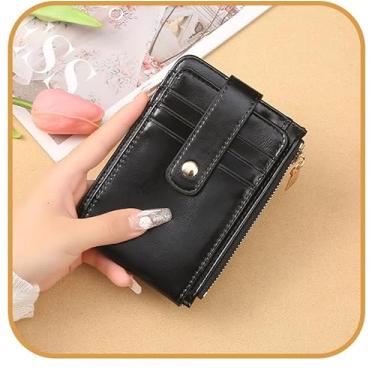 Imagem de Carteira feminina de couro genuíno com dobra dupla/tripla - Suporte minimalista para cartão de crédito com bloqueio de RFID e bolso para moedas, Preto, Casual