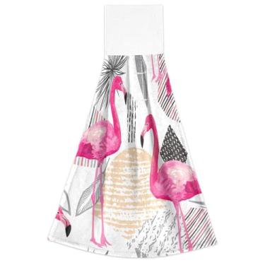 Imagem de Toalhas de mão de cozinha tropicais de flamingos rosa com laço para pendurar conjunto de 2 toalhas de cozinha altamente absorventes para decoração de casa, 46 x 35 cm