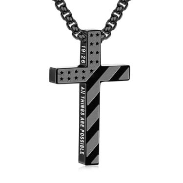 Imagem de Poshetion Colar com cruz para homens e meninos, corrente de aço inoxidável 316L, pingente bíblico, versículo religioso, joias de Natal cristãs, presentes de 55 + 5 cm