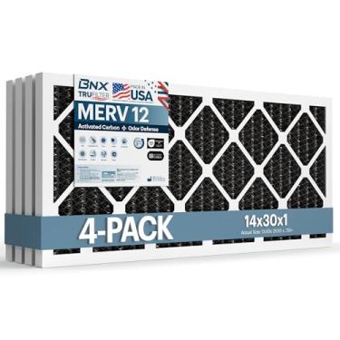 Imagem de BNX Filtro de ar TruFilter para forno CA 14 x 76 x 1 MERV 12 (pacote com 4) com carvão ativado – Feito nos EUA – Filtros plissados de ar condicionado HVAC AC – Remove odor, mofo, bactérias, fumaça