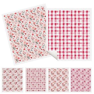 Imagem de MOIZYNG Panos de prato suecos para cozinha, pacote com 6 panos de prato suecos de coração floral rosa reutilizáveis laváveis absorventes toalhas de cozinha para limpeza de festa em casa presentes de