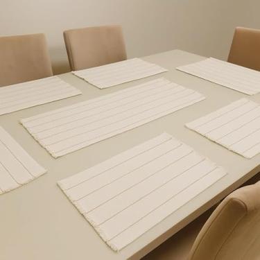 Imagem de Jogo Americano 7 Peças em Algodão Feito em Tear – Caminho de Mesa e Sousplat Decorativo Chic para Mesa de Jantar (Cru com listrado bege)