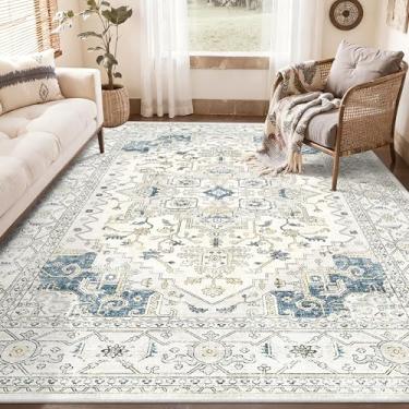 Imagem de Tapetes de área para sala de estar – 10 x 15 cm, boho antiderrapante, tapete lavável para quarto, escritório, sala de jantar (bege azul)