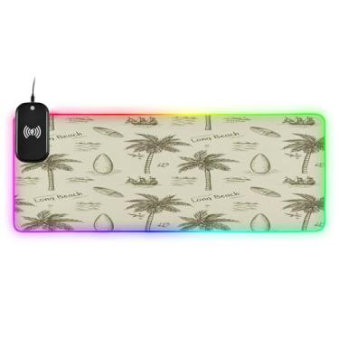 Imagem de CEBUGI Mouse pad de carregamento sem fio com palmeiras tropicais 15 W rápido para jogos com 14 iluminação LED RGB para jogos, PC, laptop, mesa 80 x 30 cm