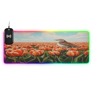 Imagem de CEBUGI Mouse pad de carregamento sem fio Bird in Tulipas 15W mouse pad rápido para jogos com 14 iluminação LED RGB para jogos, PC, laptop, mesa 90,9 x 39,9 cm