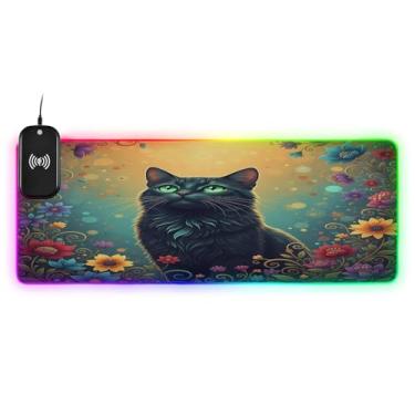Imagem de CEBUGI Black Cat Mouse pad de carregamento sem fio 15W mouse pad rápido para jogos com 14 iluminação LED RGB para jogos, PC, laptop, mesa 80 x 30 cm