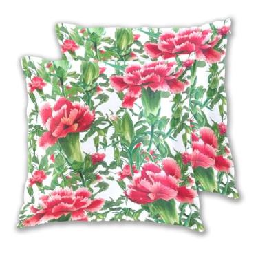 Imagem de Joitme Conjunto de 2 capas de almofadas de sofá com estampa de folhas verdes e cravos florais vermelhos para quarto, 45 x 45 cm, 2 peças